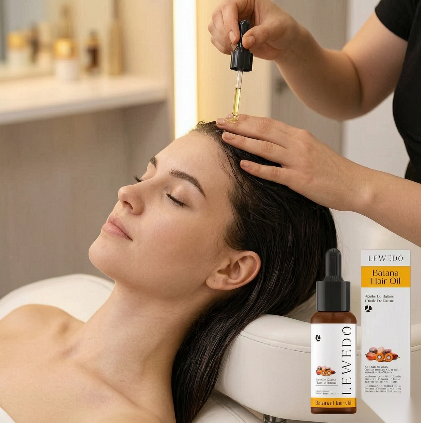 Applying LEWEDO Batana Hair Oil to the scalp with a dropper