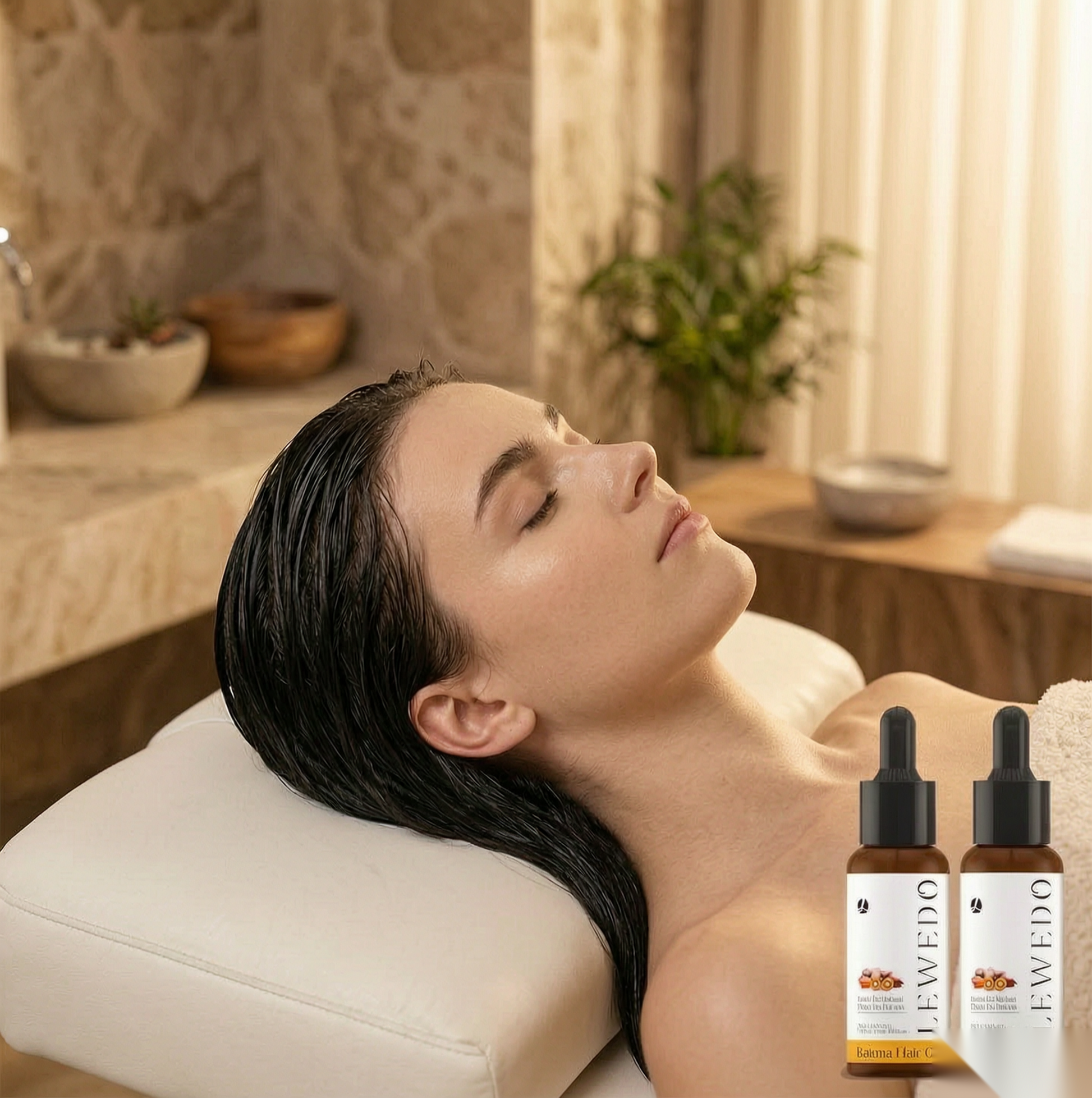 LEWEDO Batana Hair Oil — relaxing scalp treatment at a spa