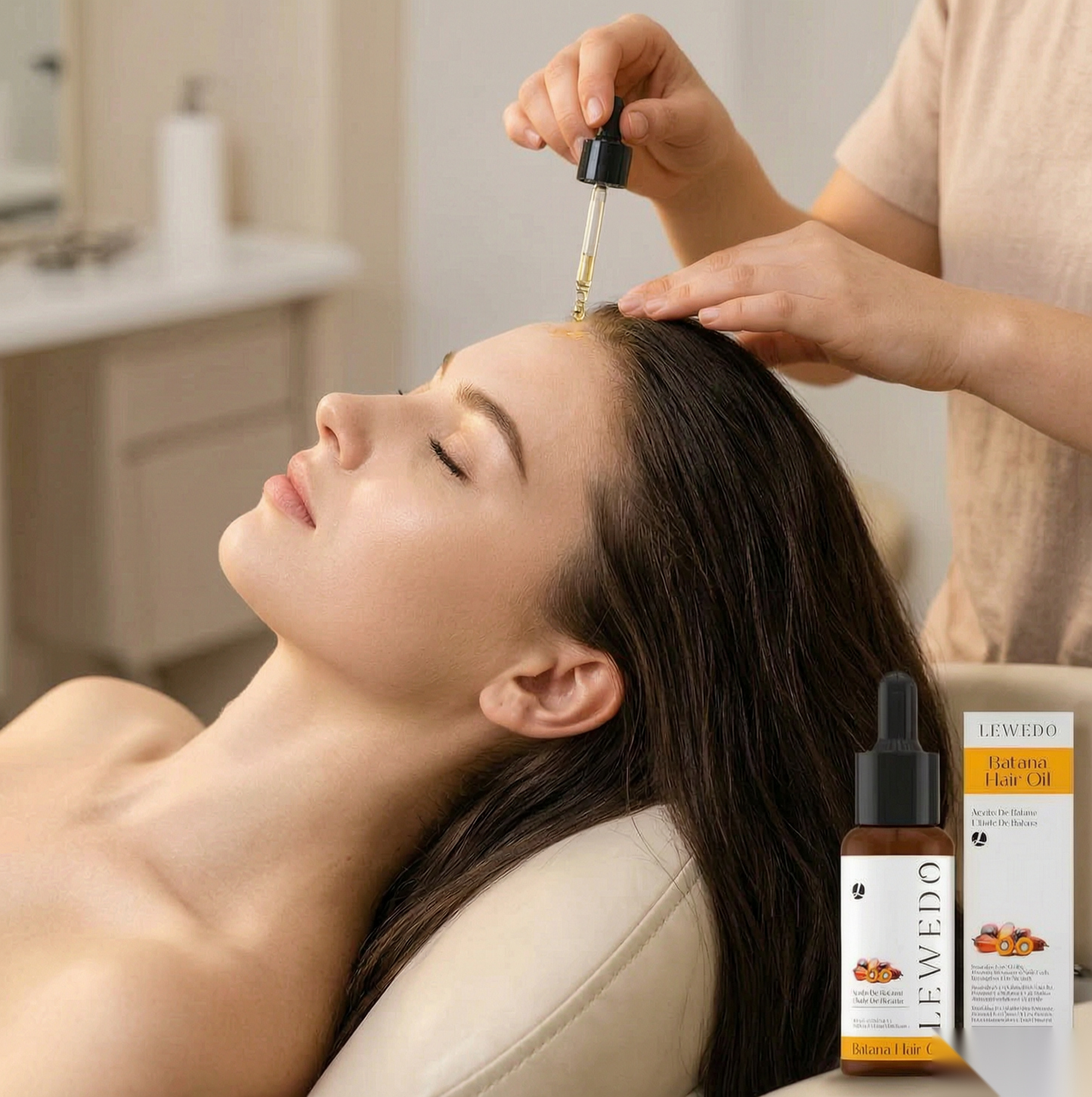 LEWEDO Batana Hair Oil applied to the scalp during a treatment