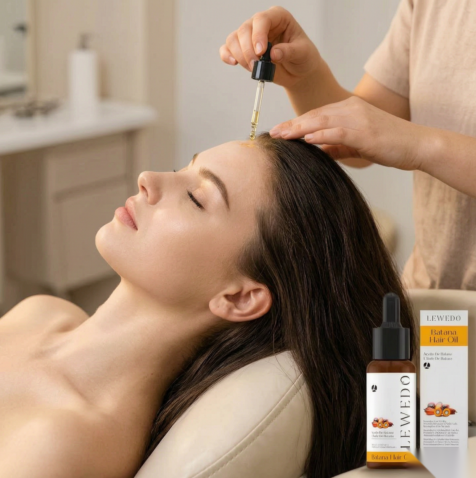 LEWEDO Batana Hair Oil applied to the scalp during a treatment